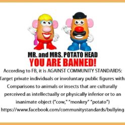Watch out Mr. and Mrs. Potato Head, because according to FB, it is AGAINST COMMUNITY STANDARDS: Target private individuals or involuntary public figures with comparisons to animals or insects that are culturally perceived as intellectually or physically inferior or to an inanimate object such as a cow, monkey, or POTATO!