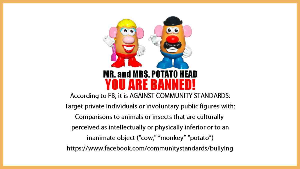 Watch out Mr and Mrs Potato Head because according to FB, It is AGAINST COMMUNITY STANDARDS: Target private individuals or involuntary public figures with: Comparisons to animals or insects that are culturally perceived as intellectually or physically inferior or to an inanimate object such as a cow, monkey, or POTATO!